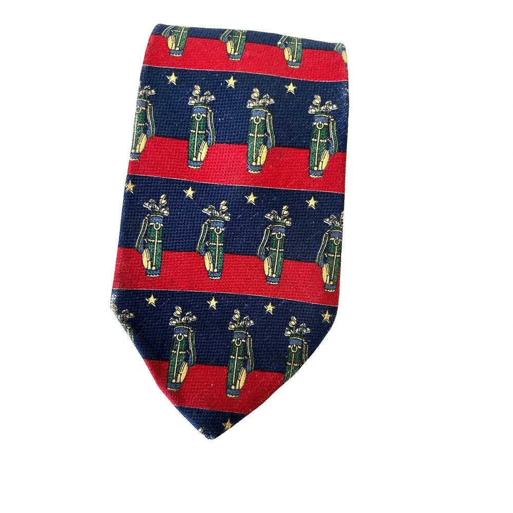 Vtg 90s Tommy Hilfiger Silk Tie Navy Red Striped Golf Bag Club Crest Ivy Preppy